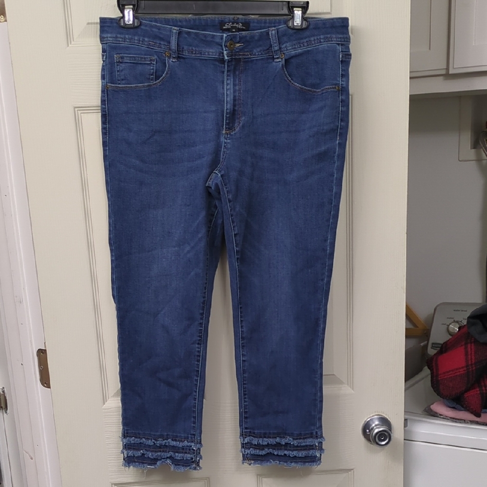 CHARLIE B Blue Cropped Jeans with Frayed Layered Hem